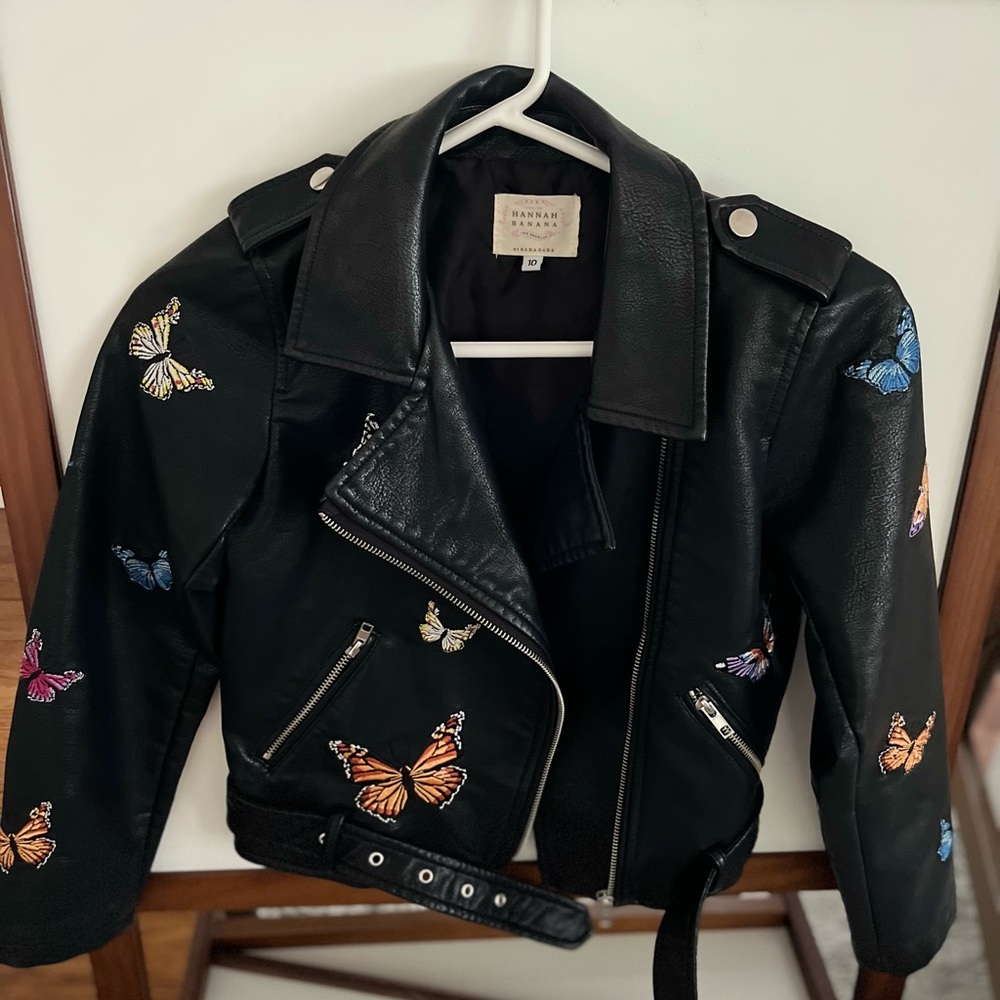 Hannah Banana faux leather moto jacket girls sz 10